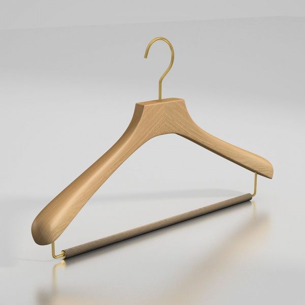 Вешалка-плечики из натурального бука с перекладиной \ STB52, длина 45, Бук, крючок классический золото, логотип - 1 цвет