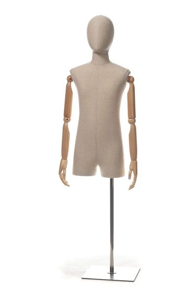 Детский манекен-торс с шарнирными деревянными руками, 12 лет \ Ryan-B12, Светлый лен, подставка металл сатин