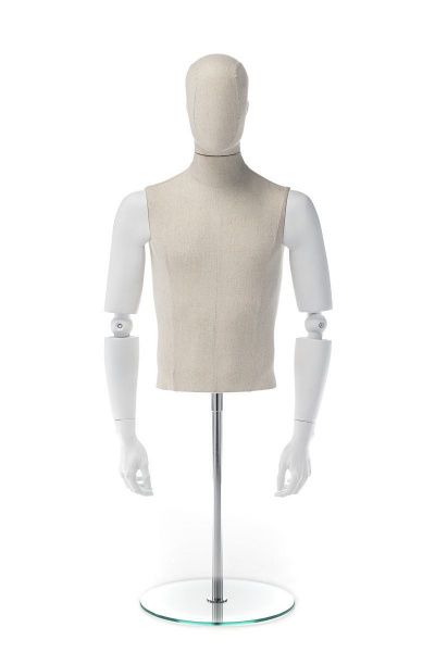 Мужской манекен-торс с обтяжкой тканью и шарнирными руками, подставка стекло \ EBM-1T